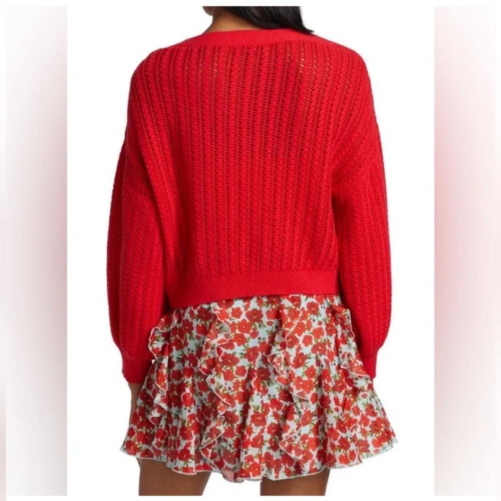 Alice + Olivia Windsor Deep V Slouchy Cable Knit Cardigan in Bright Poppy (red) - Picture 4 of 15